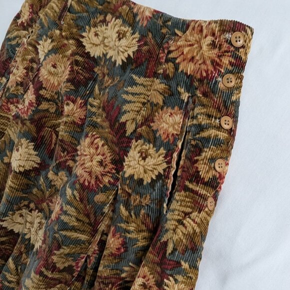 VTG Floral and Fern Corduroy Burgundy Green Side Button Maxi Skirt Folk Cottage - Picture 3 of 8